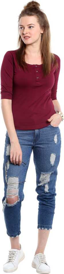 Women Maroon 3/4 Sleeves Henley T-Shirt